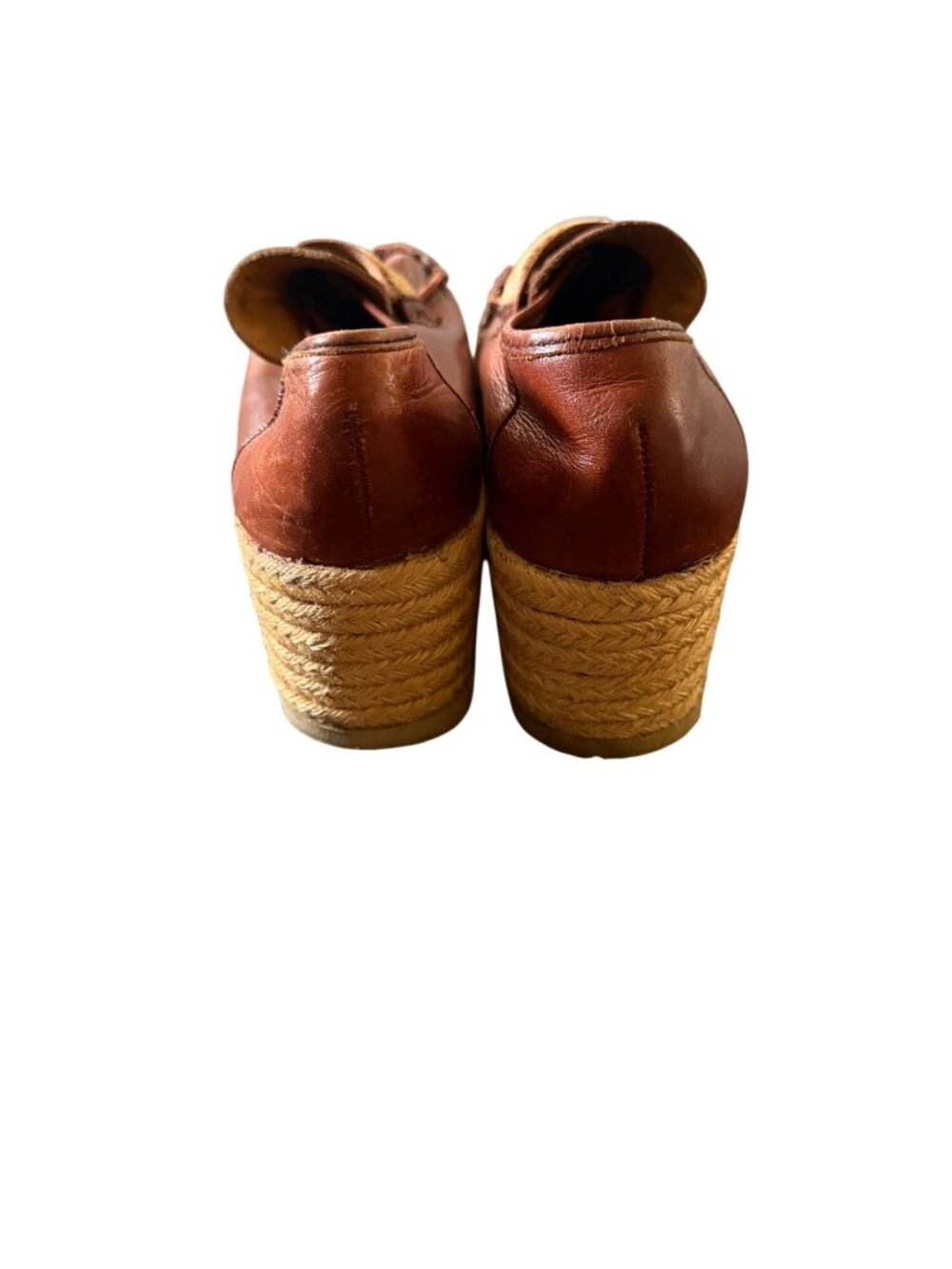 Vintage Sbicca Brown Leather Wedge Loafers With Braided Jute Trim Espadrille Sty - Picture 5 of 7